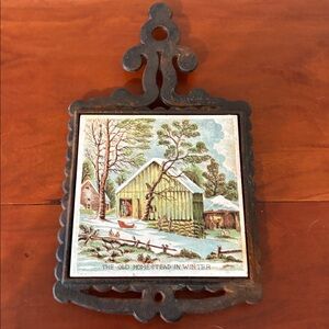 Vintage Cast Iron Trivet w/ Ceramic Tile “The Old Homestead in Winter”
